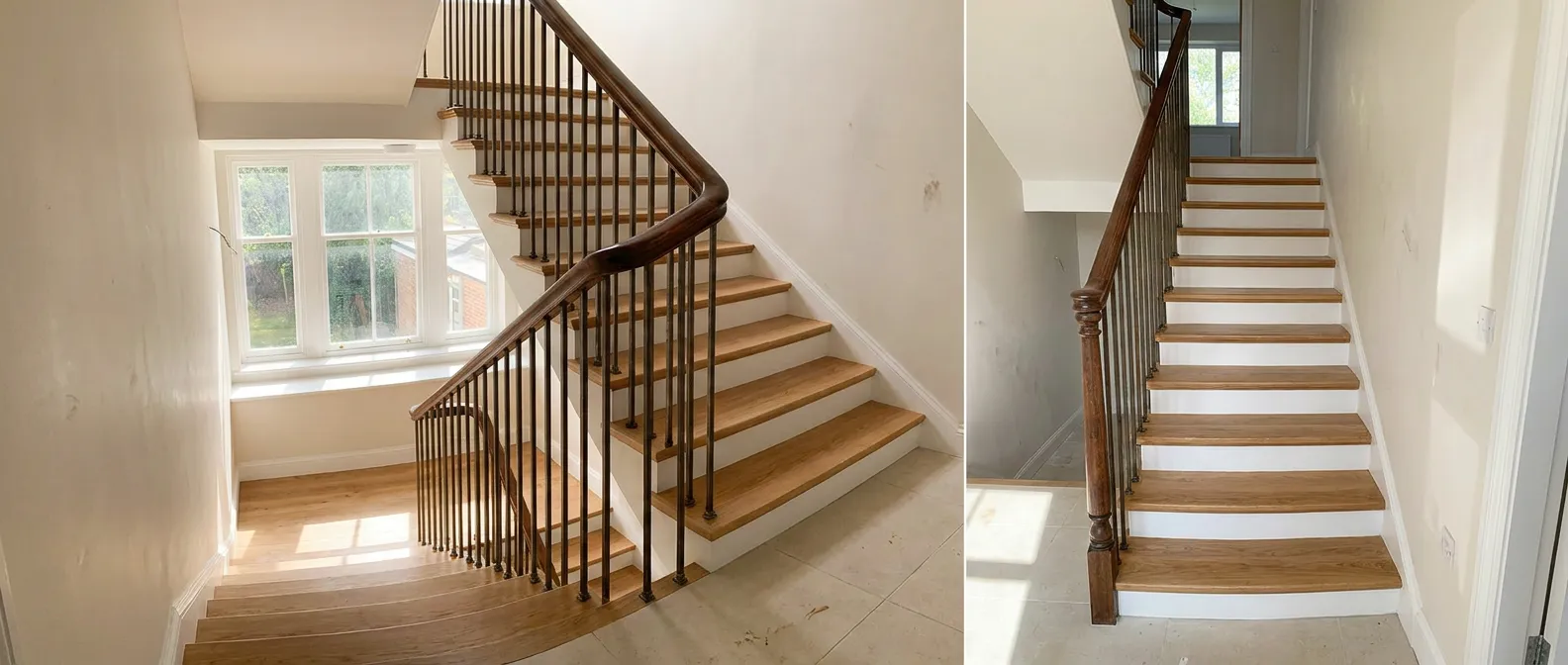 Escalier en bois rénové, marches vitrifiées et rampe reprise